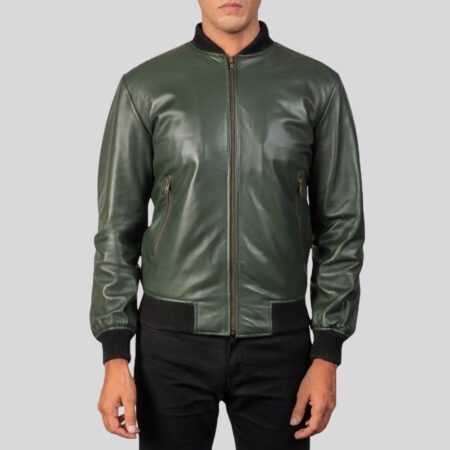 Leder Bomberjacke Herren Grün Vorderansicht mit schwarzen Bündchen