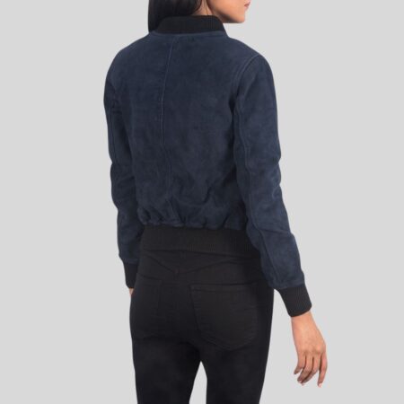 Rückansicht der Damen Bomberjacke Wildleder in Navyblau mit elastischem Bund