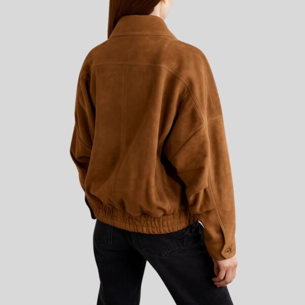Rückansicht der Oversized Damen Wildlederjacke Cognac mit elastischem Bund