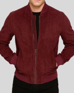 Bordeaux Wildleder Bomberjacke Herren mit Reißverschluss und Eingrifftaschen – Detailansicht