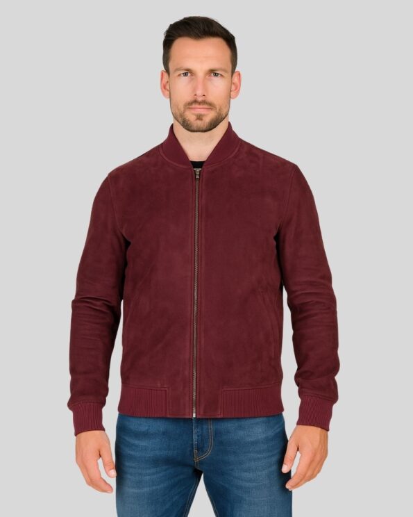 Bordeaux Wildleder Bomberjacke Herren – Frontansicht mit Reißverschluss und Rippbündchen