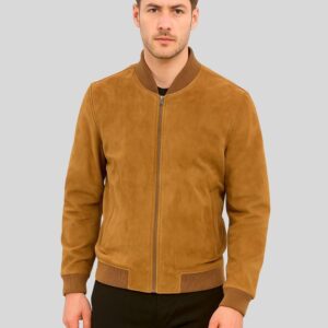 Camel Wildleder Bomberjacke Herren – Frontalansicht mit Reißverschluss und geripptem Kragen