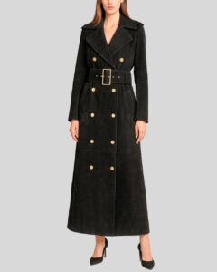 Damen Schwarzer Suede Langmantel aus Wildleder mit goldfarbenen Knöpfen und breitem Taillengürtel
