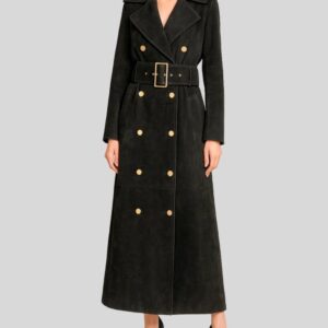 Damen Schwarzer Suede Langmantel aus Wildleder mit goldfarbenen Knöpfen und breitem Taillengürtel