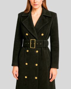 Damen Schwarzer Suede Langmantel in Wildleder, Detailansicht mit goldenen Knöpfen und Taillengürtel