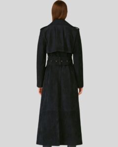 Damen Schwarzer Suede Langmantel Rückansicht aus Wildleder mit Gürtel und Schulterdetails