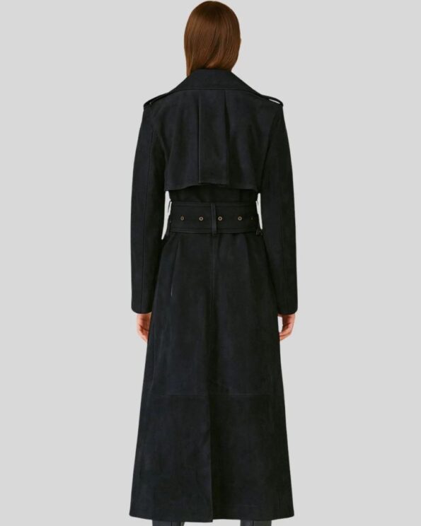 Damen Schwarzer Suede Langmantel Rückansicht aus Wildleder mit Gürtel und Schulterdetails