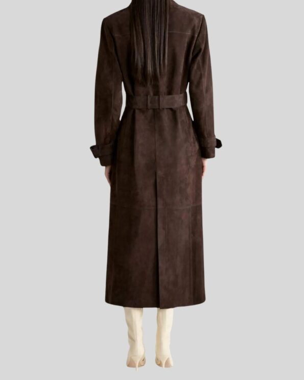 Damen Suede Gürtelmantel in Braun, Rückansicht aus Wildleder mit Taillengürtel und klassischem Schnitt