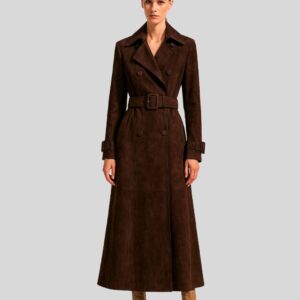 Damen Suede Gürtelmantel in Braun aus Wildleder, mit Bindegürtel, Doppelknopfreihe und klassischem Kragen