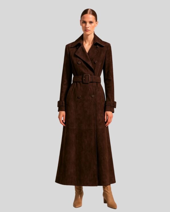 Damen Suede Gürtelmantel in Braun aus Wildleder, mit Bindegürtel, Doppelknopfreihe und klassischem Kragen