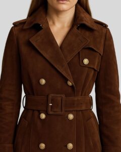 Damen Suede Langmantel in Braun, Detailaufnahme mit goldfarbenen Knöpfen, Gürtel und Reverskragen