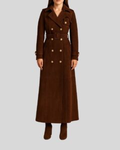 Damen Suede Langmantel in Braun, Wildledermantel mit Gürtel und goldfarbenen Knöpfen, Ganzkörperansicht