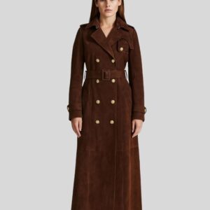 Damen Suede Langmantel in Braun aus Wildleder mit Gürtel, doppelreihigen Goldknöpfen und klassischem Kragen
