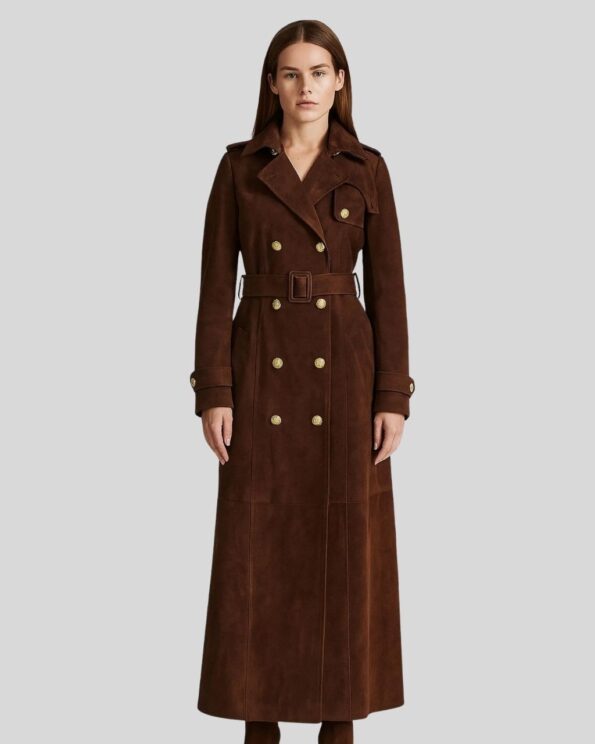 Damen Suede Langmantel in Braun aus Wildleder mit Gürtel, doppelreihigen Goldknöpfen und klassischem Kragen