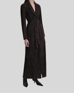 Damen Suede Maxicoat angled view in brown suede with belted waist and tailored lapel