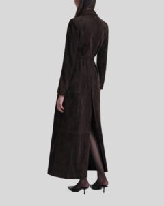 Damen Suede Maxicoat back view in dark brown suede with belted waist and back slit design