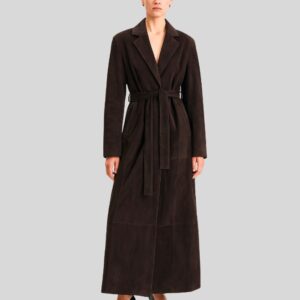 Damen Suede Maxicoat in dark brown suede, full-length design with belted waist and tailored lapel collar