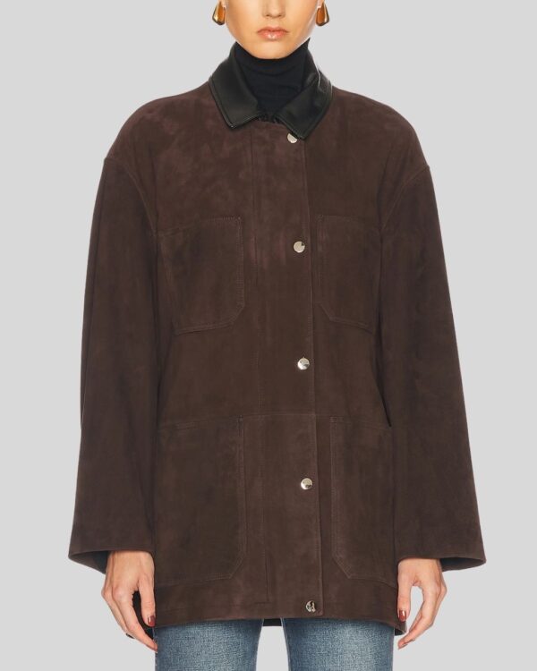Damen Suede Overshirt – Dunkelbraune Wildlederjacke mit Lederkragen, Knopfverschluss & lässigem Design - Image 4