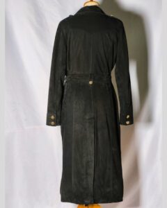 Damen Suede Trenchcoat back view in black suede with waist belt and sleeve button details