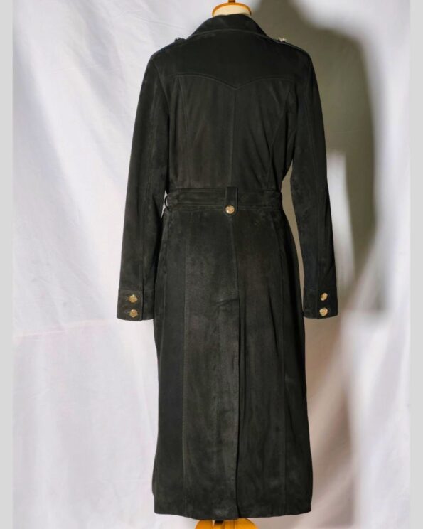 Damen Suede Trenchcoat back view in black suede with waist belt and sleeve button details
