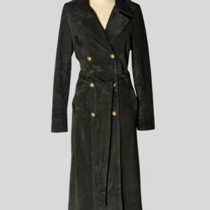 Damen Suede Trenchcoat in black with double-breasted button closure, long sleeves, and belted waist