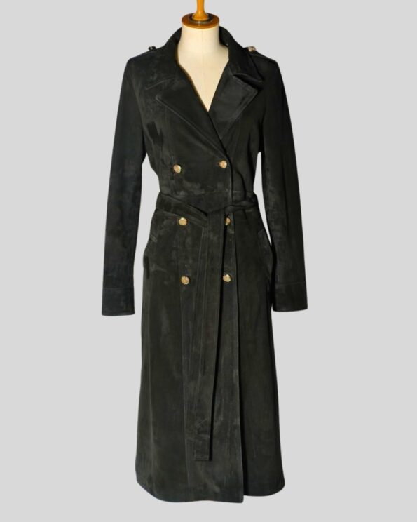 Damen Suede Trenchcoat in black with double-breasted button closure, long sleeves, and belted waist