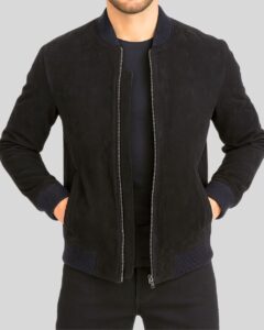 Dunkelgrün Wildlederjacke Herren im Bomberstil mit Reißverschluss – Detailansicht