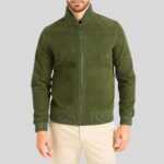 Herren Bomberjacke aus grünem Wildleder mit Reißverschluss und geripptem Stehkragen