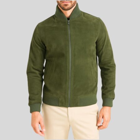 Herren Bomberjacke aus grünem Wildleder mit Reißverschluss und geripptem Stehkragen