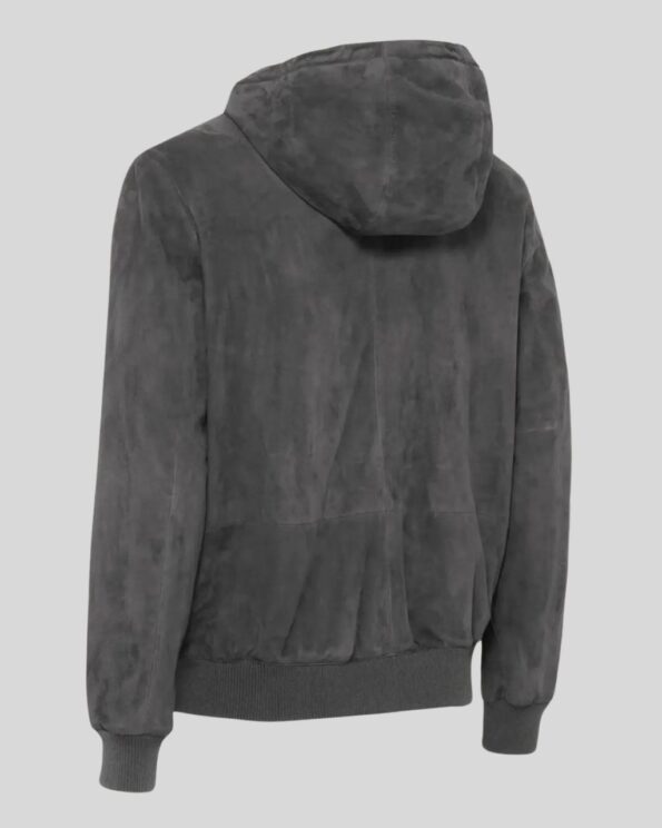 Herren Graue Suede Hoodiejacke aus Wildleder in Rückansicht mit Kapuze und Rippbündchen