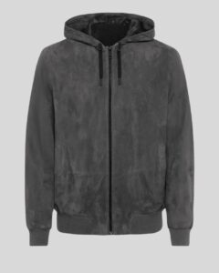 Herren Graue Suede Hoodiejacke aus Wildleder mit Kapuze, Reißverschluss und Rippbündchen, frontal abgebildet