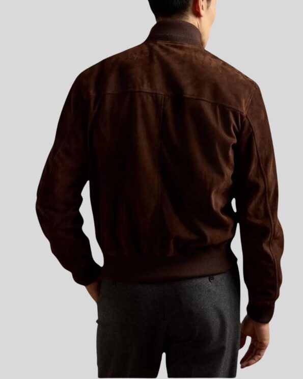 Herren Suede Bomberjacke back view in dark brown suede with ribbed hem and fitted shoulders