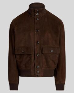 Herren Suede Bomberjacke in brown suede with button-up closure, flap pockets, and ribbed cuffs