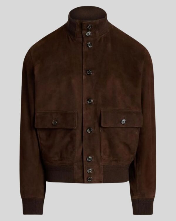 Herren Suede Bomberjacke in brown suede with button-up closure, flap pockets, and ribbed cuffs