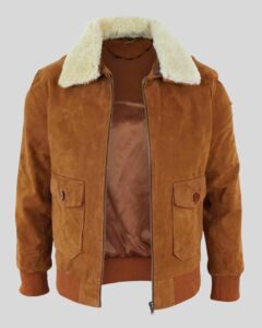 Offene Wildlederjacke mit sichtbarem Satinfutter und Shearlingkragen