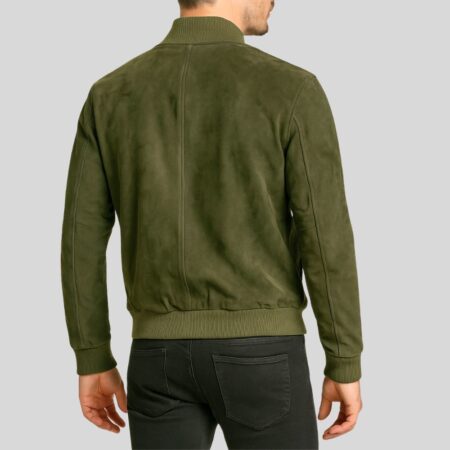 Rückansicht der Grüne Wildleder Bomberjacke Herren mit Stehkragen und Rippbündchen