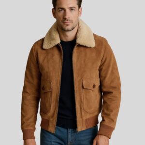 Wildlederjacke Herren mit beigem Shearling-Kragen, aufgesetzten Taschen und Reißverschluss vorne – klassische Winterjacke