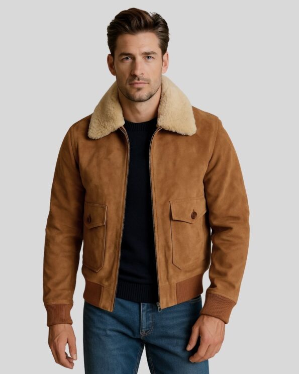 Wildlederjacke Herren mit beigem Shearling-Kragen, aufgesetzten Taschen und Reißverschluss vorne – klassische Winterjacke