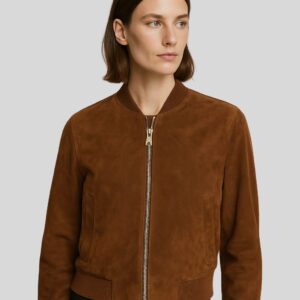 Damen Braune Suede Bomberjacke – Wildlederjacke mit Reißverschluss