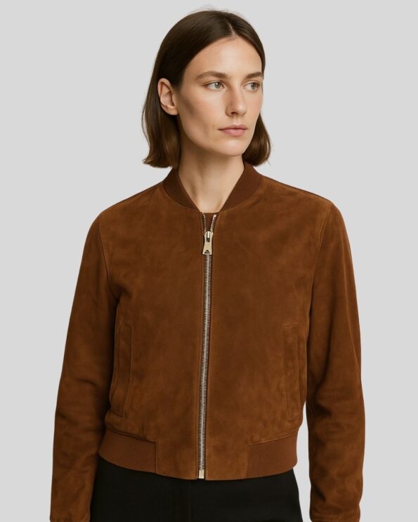Damen Braune Suede Bomberjacke – Wildlederjacke mit Reißverschluss