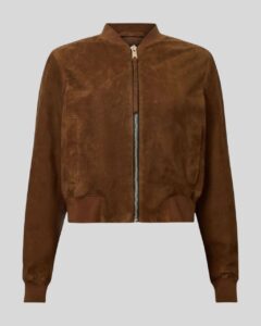 Damen-Braune-Suede-Bomberjacke–Vorderansicht-flach-liegend-mit-Reißverschluss