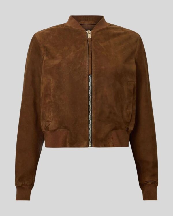 Damen-Braune-Suede-Bomberjacke–Vorderansicht-flach-liegend-mit-Reißverschluss