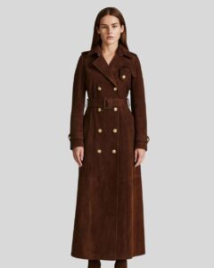 Damen Brauner Suede Langmantel mit doppelter Knopfreihe und Taillengürtel in voller Länge