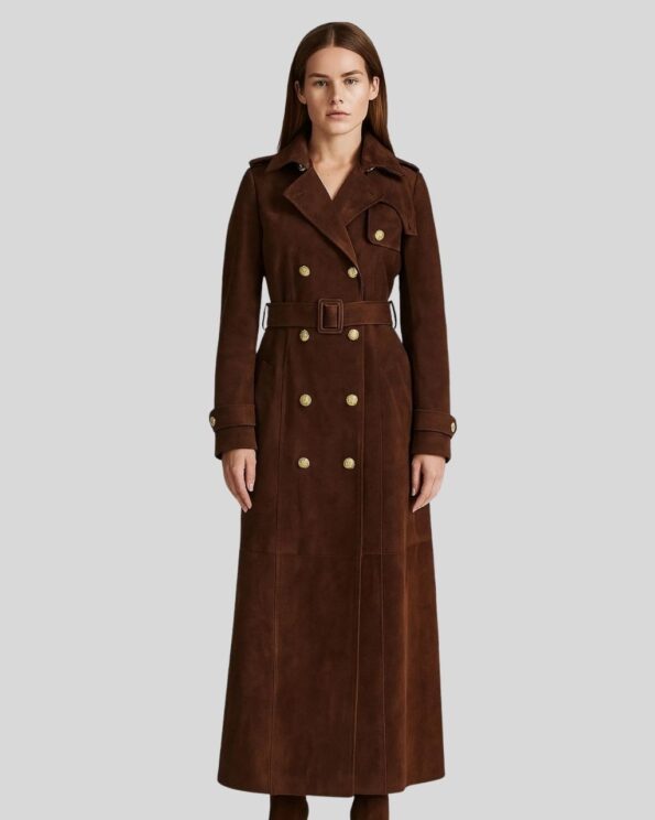 Damen Brauner Suede Langmantel mit doppelter Knopfreihe und Taillengürtel in voller Länge