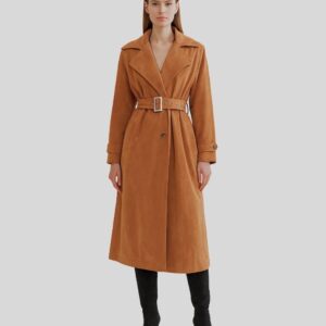 Damen Camel Suede Mantel aus Wildleder, langer Trenchcoat mit Gürtel und klassischem Reverskragen