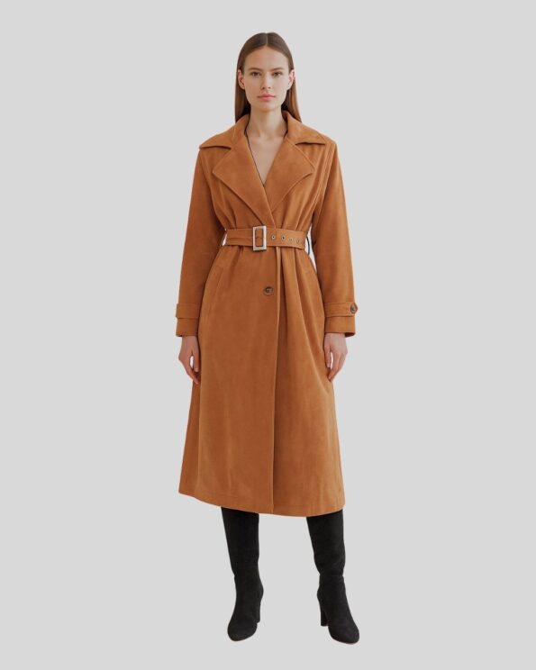 Damen Camel Suede Mantel aus Wildleder, langer Trenchcoat mit Gürtel und klassischem Reverskragen