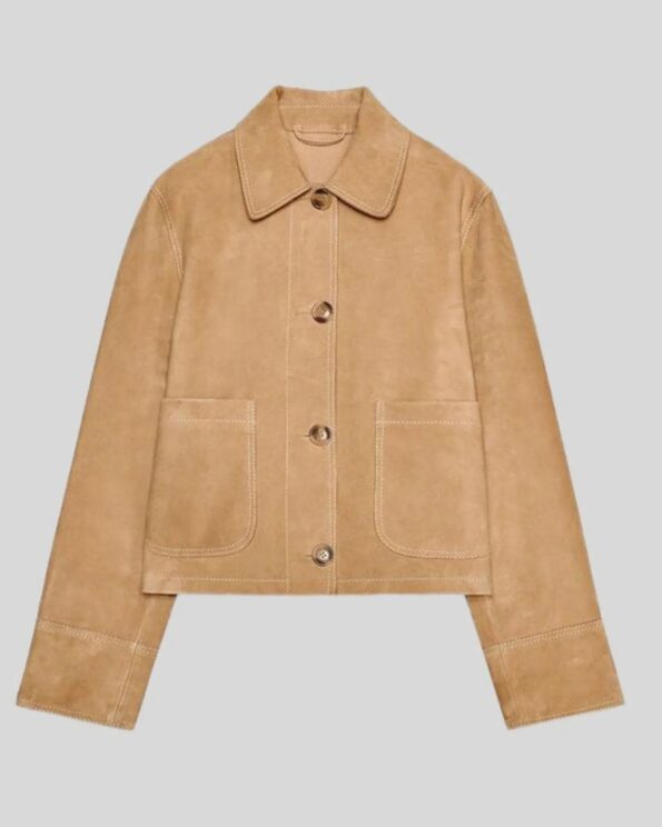 Rückansicht der Damen Beige Suede Kurzjacke mit strukturierter Nahtführung und klassischem Schnitt. Minimalistisch und elegant – perfekt für moderne Business- und Freizeitlooks.