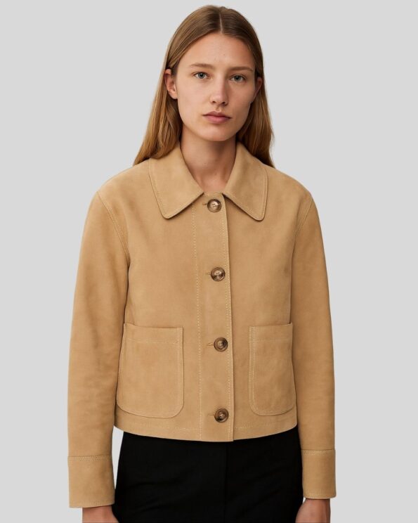 Damen beige Suede Kurzjacke Frontansicht