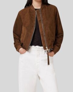 Damen Braune Suede Bomberjacke – Elegante Wildleder Kurzjacke mit Reißverschluss