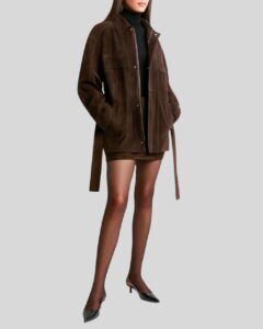 Damen Dunkelbraune Suede Kurzjacke – Seitenansicht